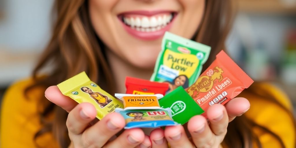 Woman happily receiving free product samples.