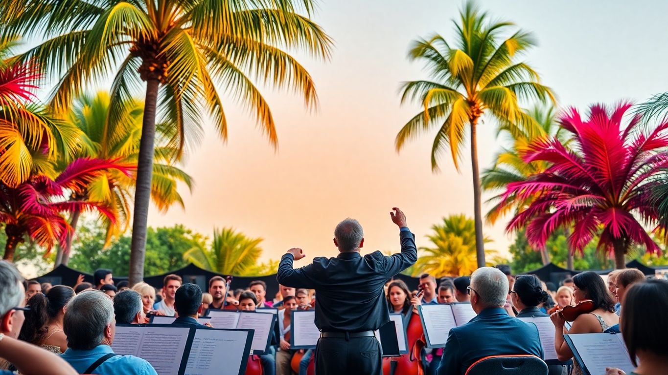 Orchestra conductor leading a vibrant musical performance.