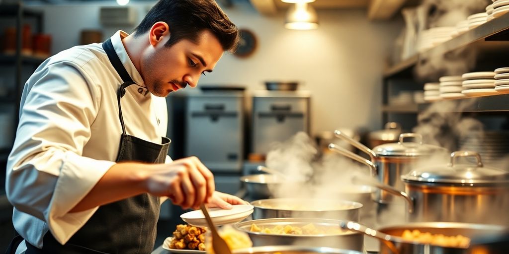 Cuisine traditionnelle française avec chef et équipe en action.
