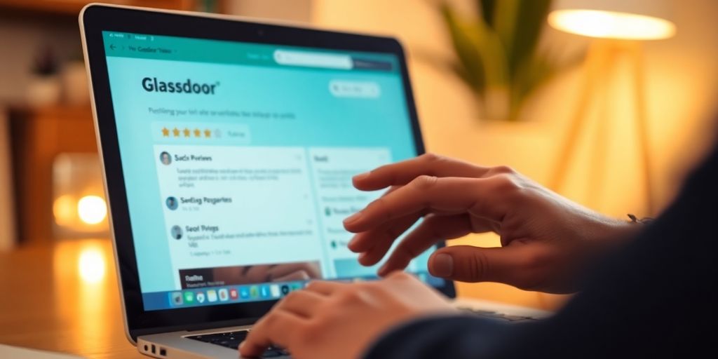 Person analyzing reviews on a laptop in a cozy setting.