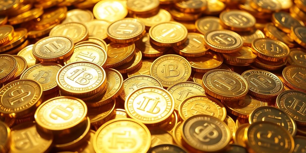 Des pièces d'or et des lingots empilés.