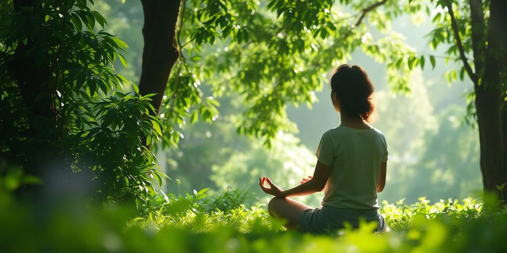 A person meditating peacefully in a serene natural setting.