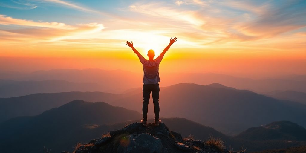 Person on mountain peak, arms raised at sunrise.