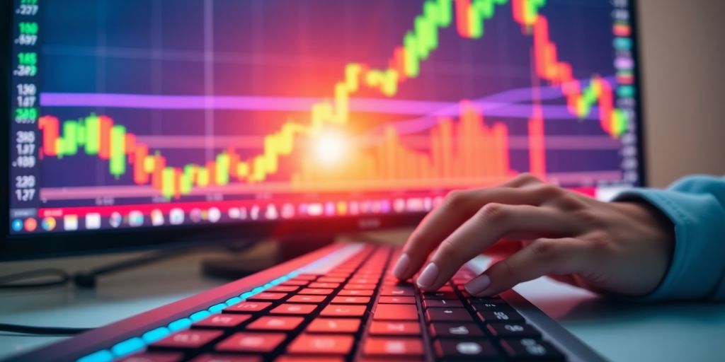 Trader's hands on keyboard, stock chart on screen