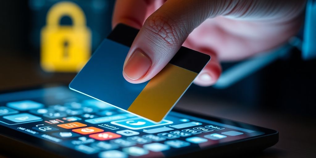 Hand holding credit card near digital device.