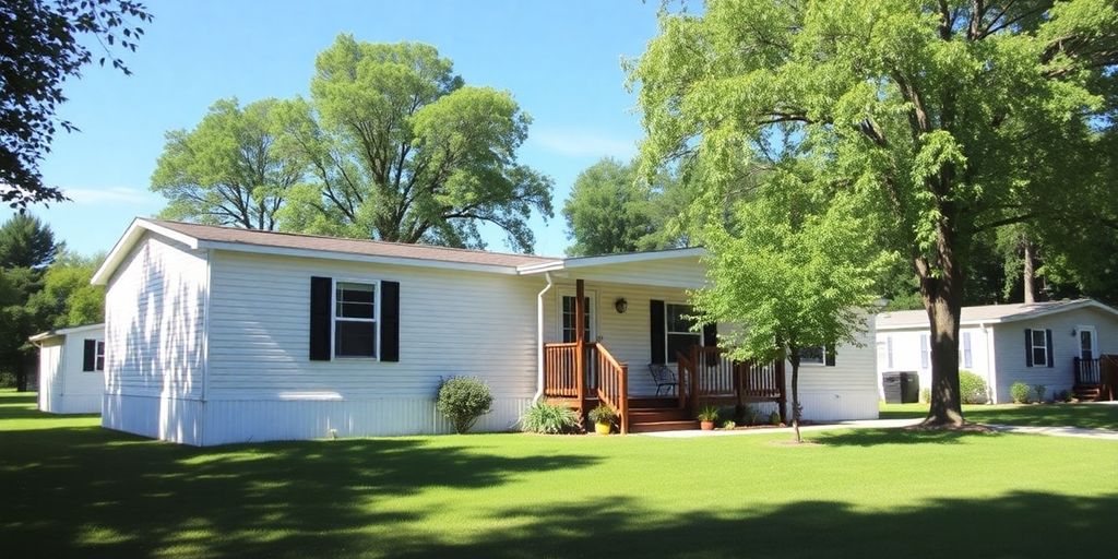 Manufactured home in a peaceful, green setting.