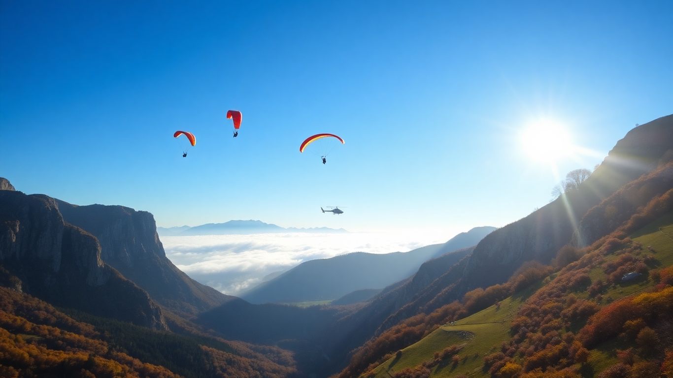 Parapentes multicolores au-dessus des falaises, hélicoptère lointain, vallée ensoleillée alpestre
