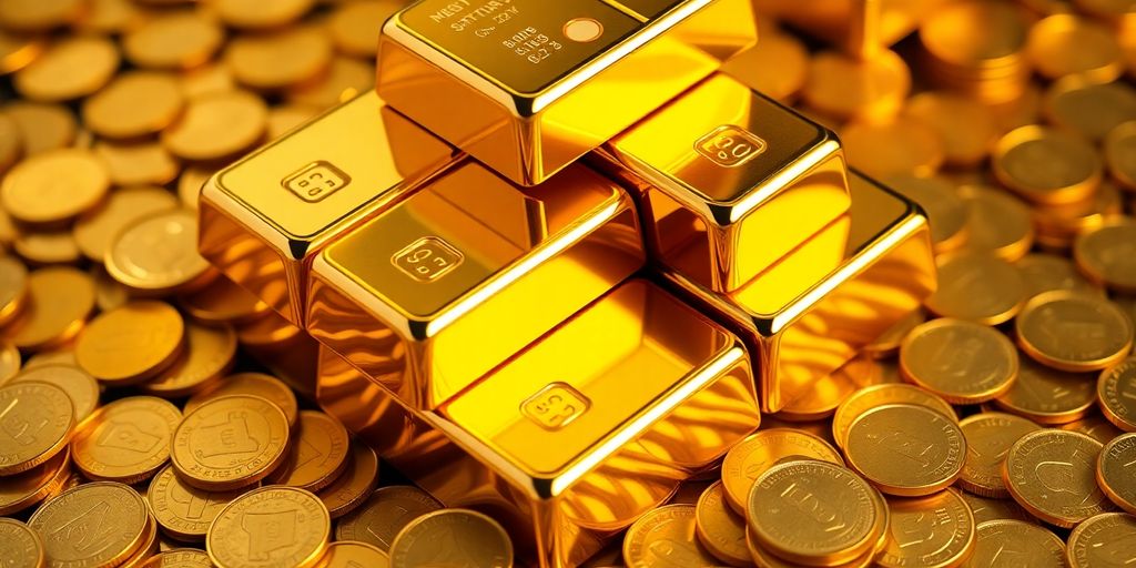 Lingots d'or brillants et pièces d'or empilées.