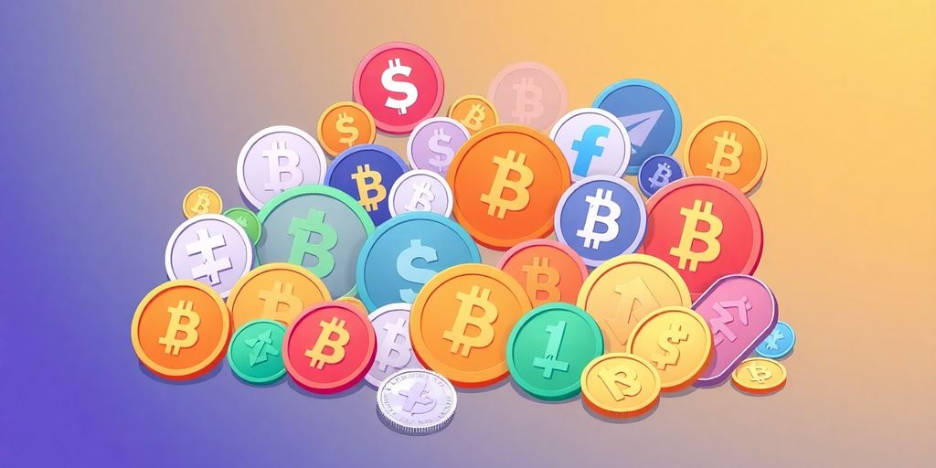 Colorful cryptocurrencies arranged artistically on a gradient background.