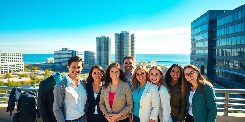 Kenosha cityscape, diverse professionals smiling