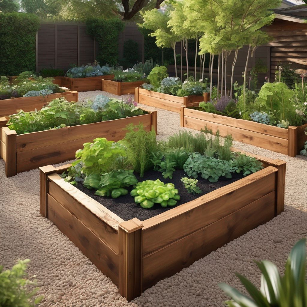 wooden raised garden beds in a lush garden setting