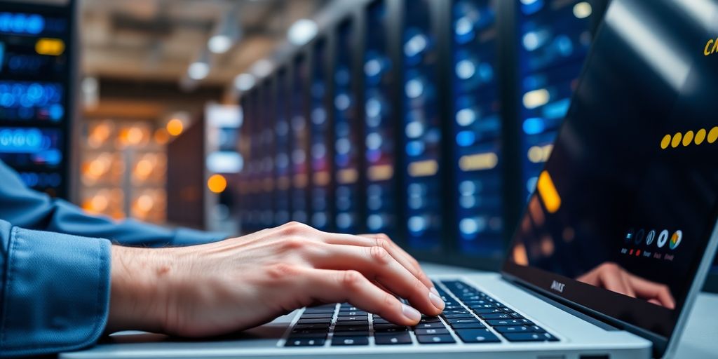 Laptop și servere web creând o conexiune digitală.