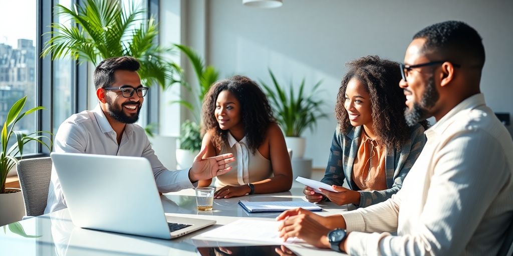 Diverse professionals collaborating in modern office.