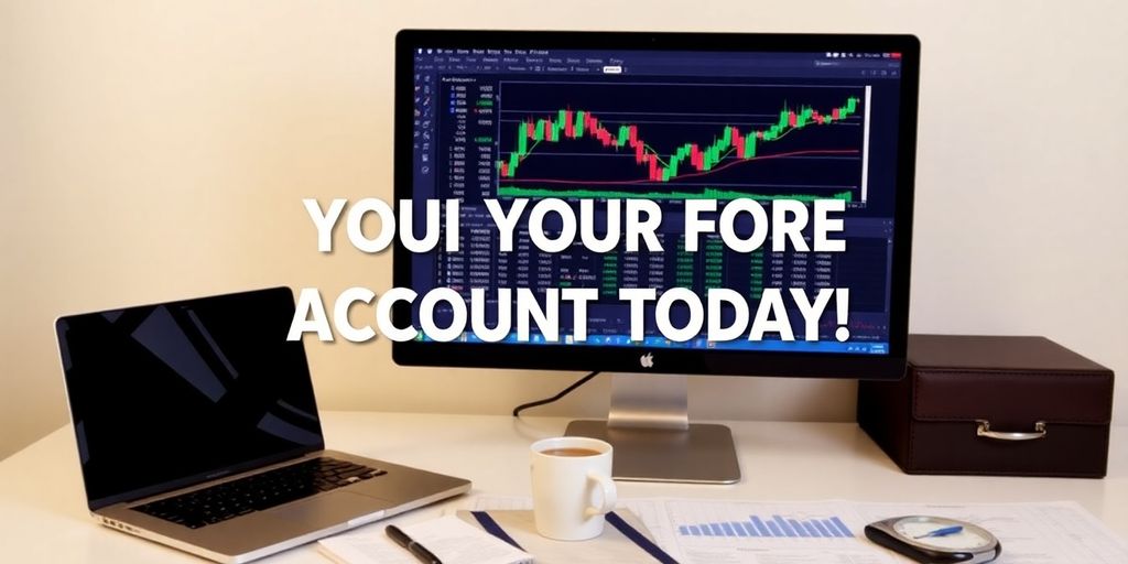 Workspace with laptop and Forex trading setup.