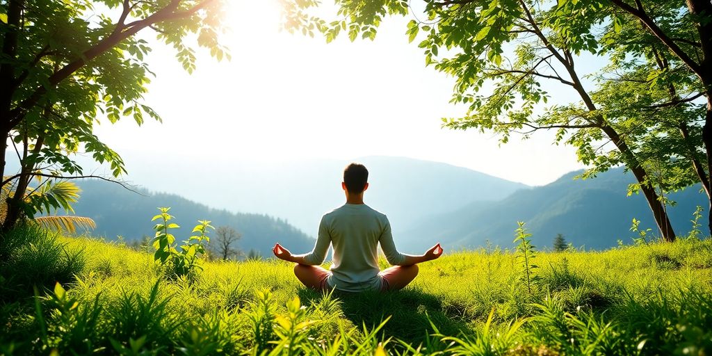 Person meditating in a lush, vibrant natural setting.