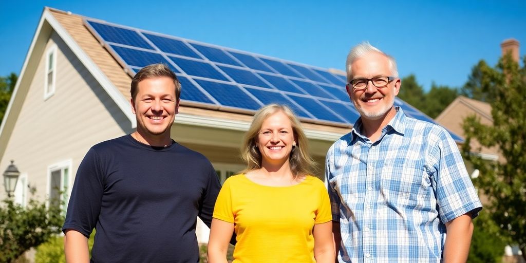 Happy family with solar panels on their home.