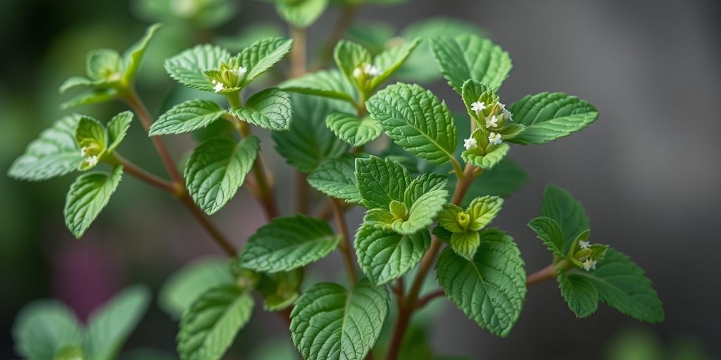 Peppermint plant with green leaves and white flowers