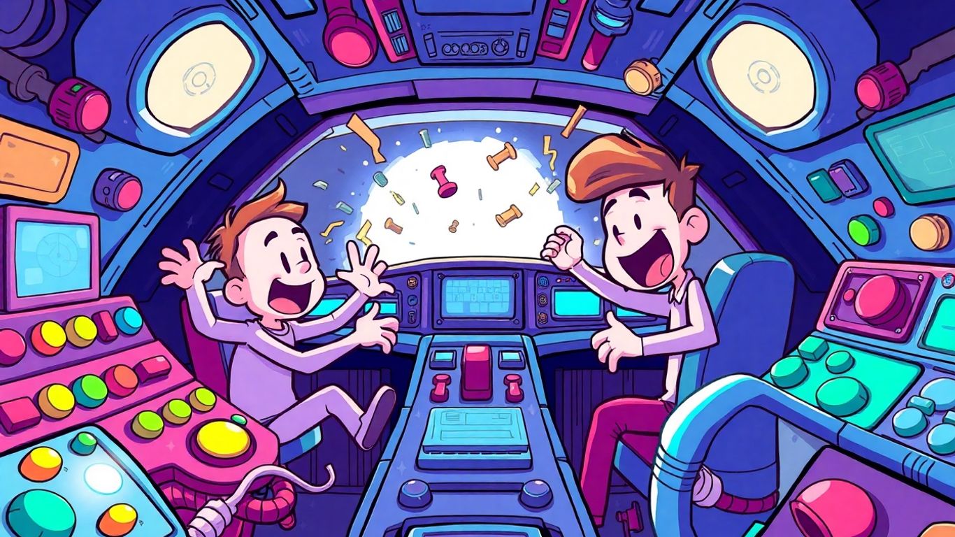 Spaceship cockpit with people playing a chaotic space game.
