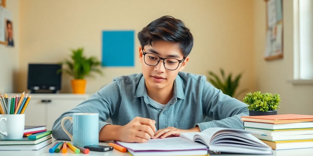 Student organizing study materials at a bright desk.
