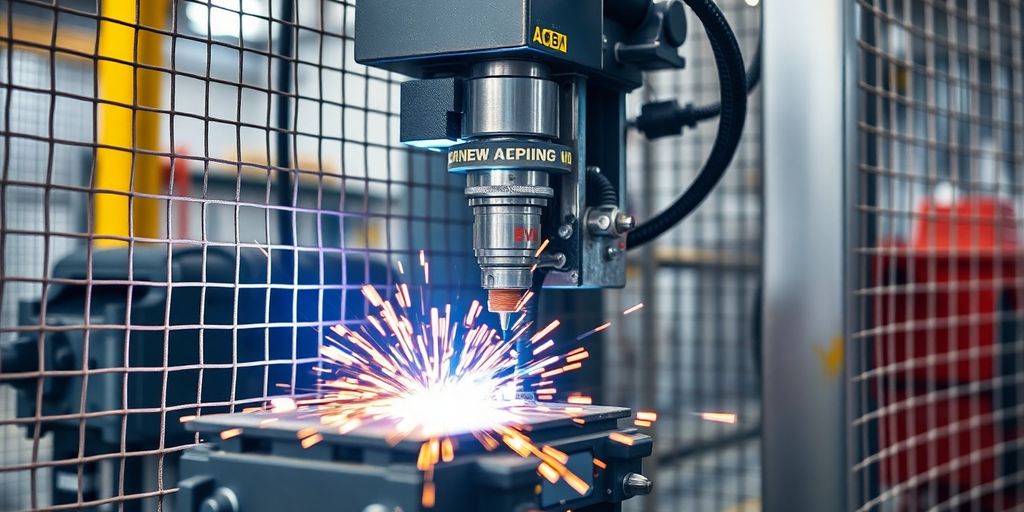 Automated welding machine working on construction mesh.
