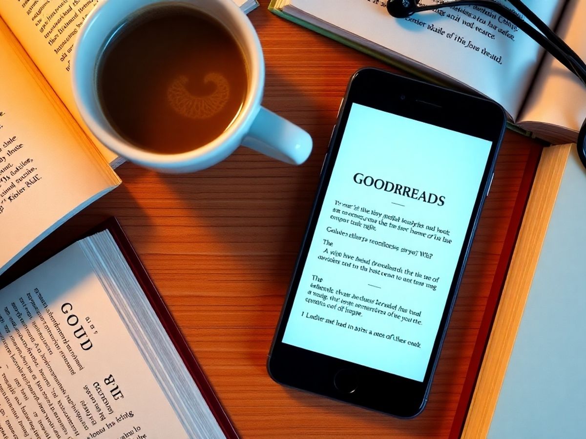 Smartphone with Goodreads app beside books and coffee.