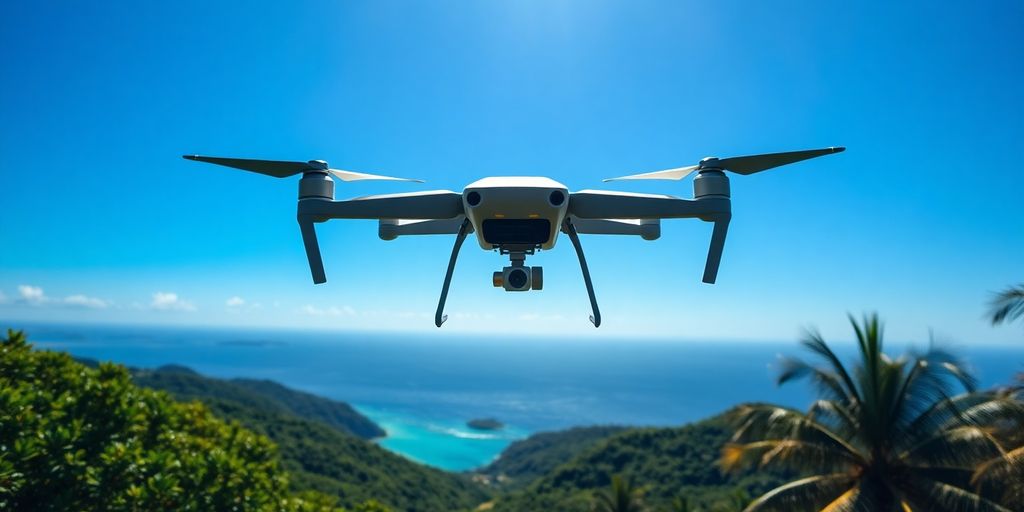 Drone volant au-dessus de paysages guadeloupéens verdoyants