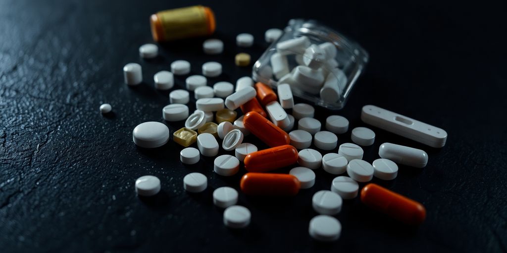 Disturbing drugs and pills on a dark table.