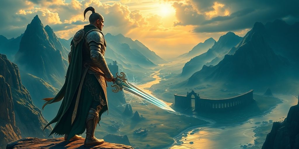 Fantasy warrior battle in epic landscape.