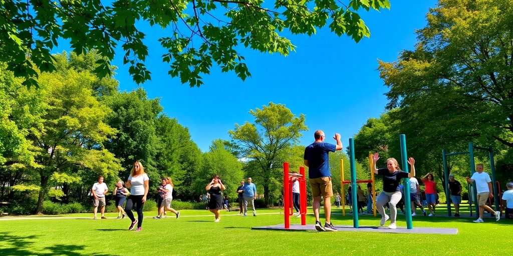 Persone che si allenano in stazioni fitness nel parco.