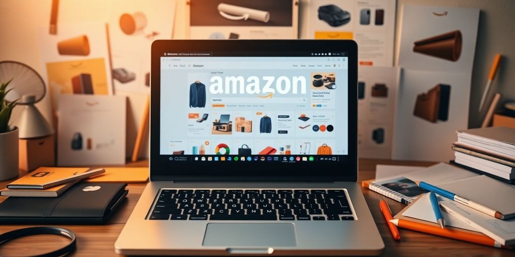 Laptop surrounded by Amazon product images and tools.