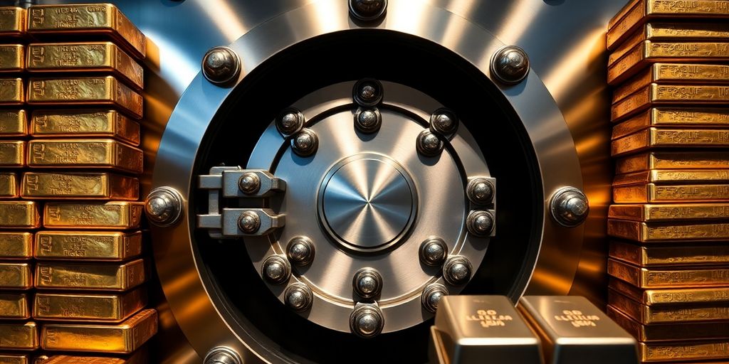 Vault door with gold and silver bullion stacks nearby.