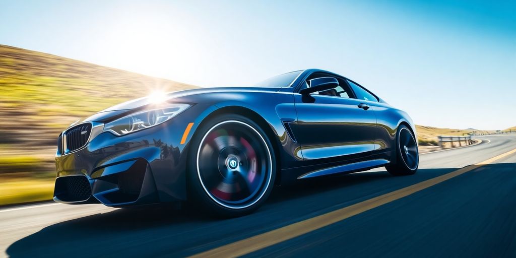 Sleek blue BMW speeding on open road.