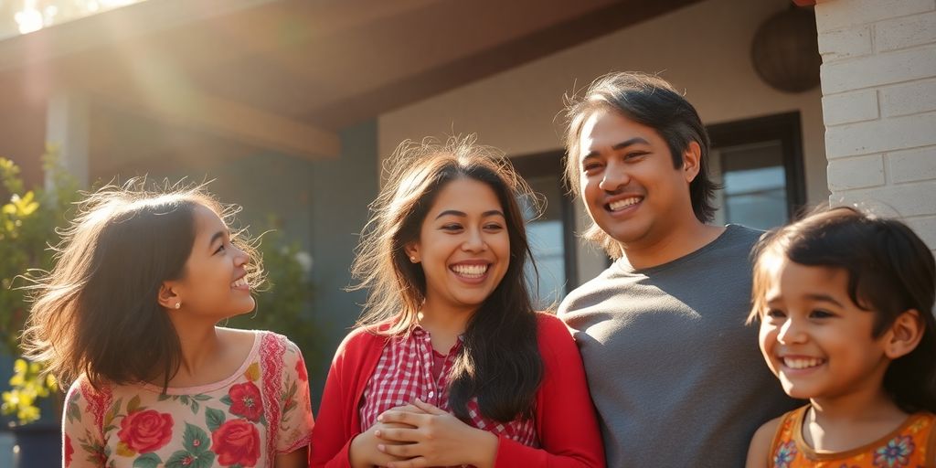 Familia hispana sonriendo juntos en un entorno canadiense.