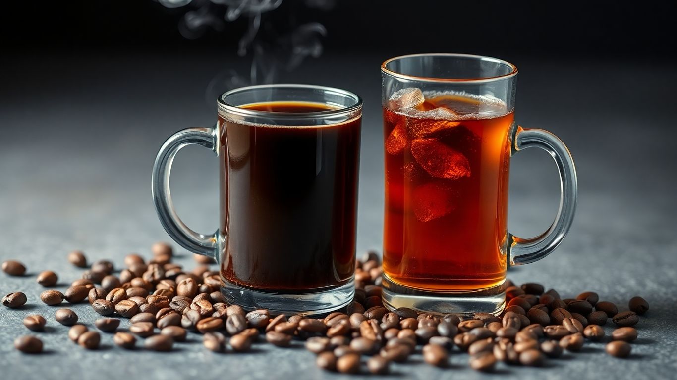 Steaming coffee mug and cold brew glass with coffee beans.