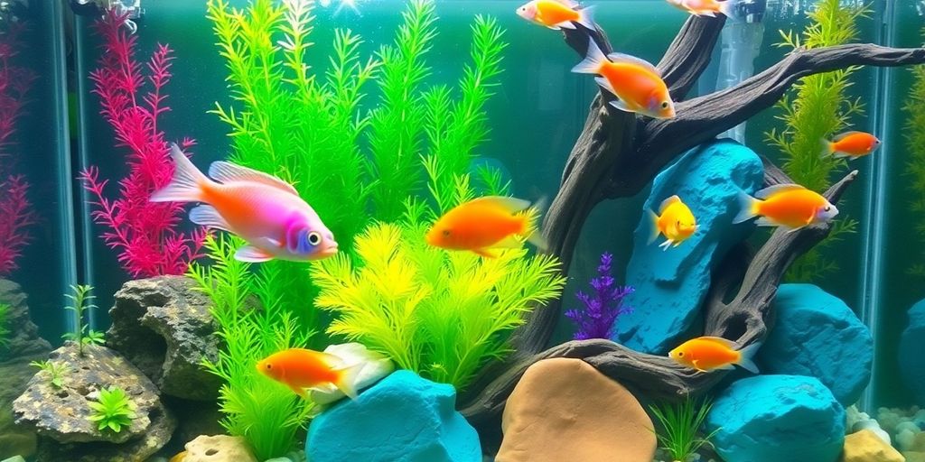 Tanque de peces de agua dulce con decoraciones y plantas coloridas.