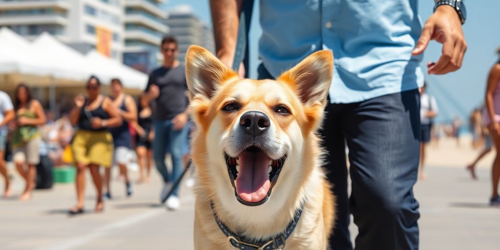 Dog calmly walks through a busy Bondi Beach crowd.