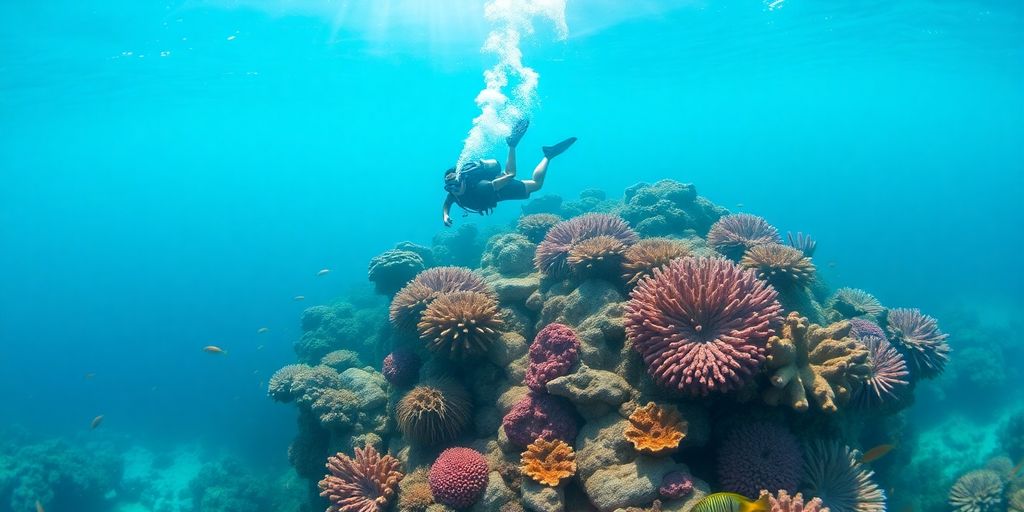 Diver swimming through vibrant coral reef in Rangiroa.
