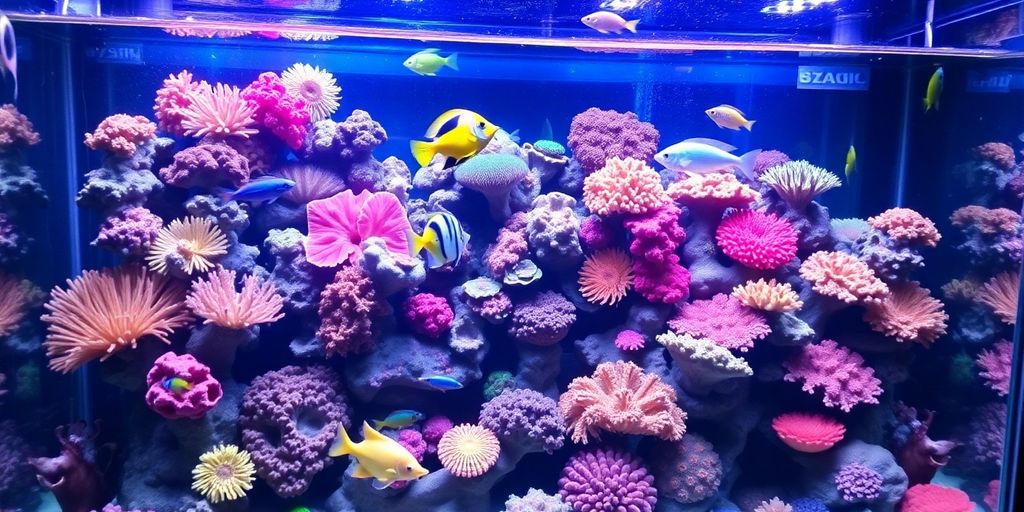 Colorful saltwater fish tank with corals and fish.