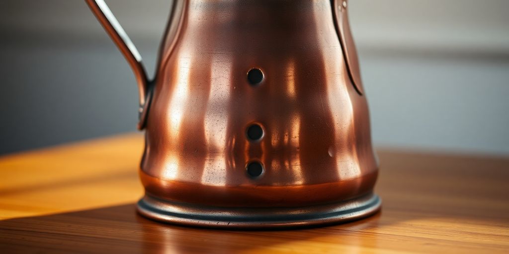 Close-up of a vintage copper coffee pot on a wooden table.