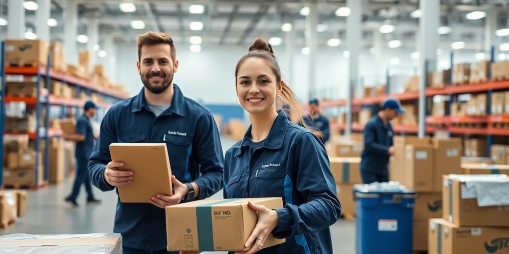 Just-in-Time Logistik: Ein Best-Practice-Beispiel zur Personaloptimierung Mitarbeiter im Lager optimieren Abläufe mit blauen Akzenten.