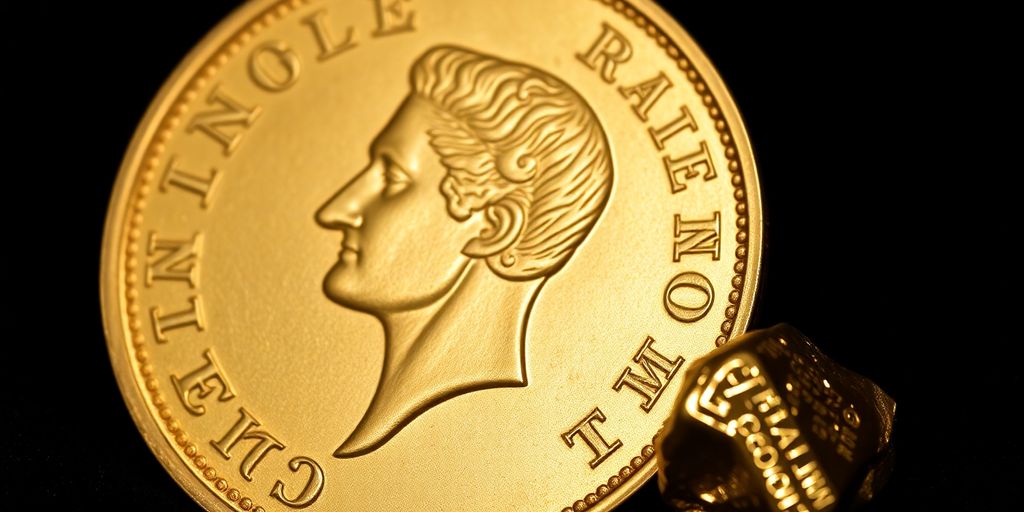 Pièce de Napoléon en or sur un fond sombre.