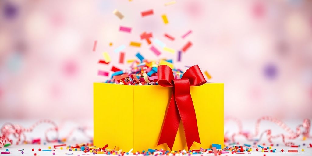 Giveaway marketing ideas. Gift box with charity ribbon and winning confetti.