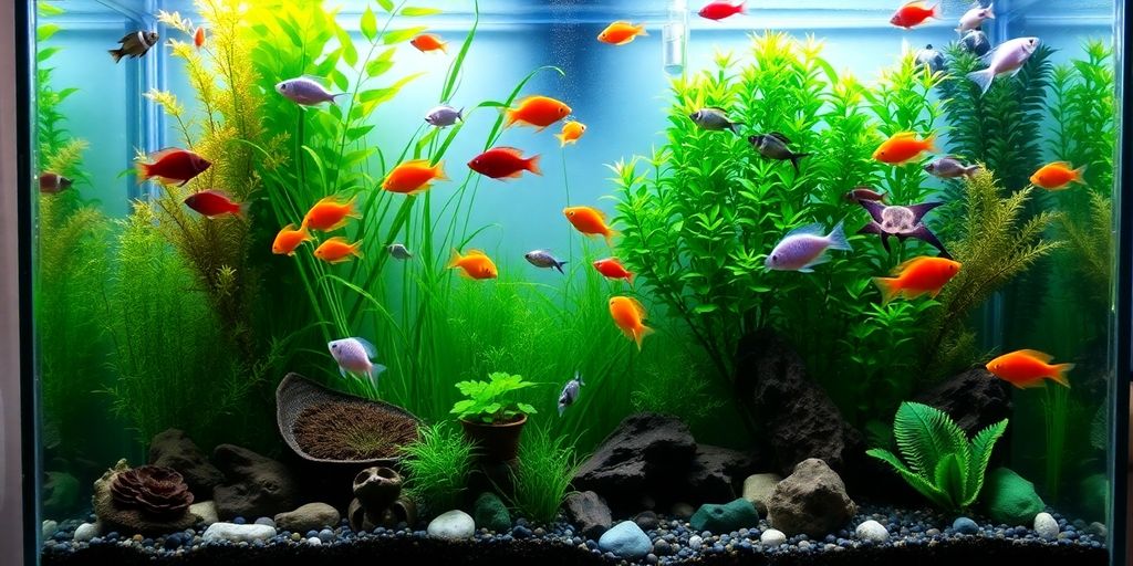 色彩斑斓的鱼在维护良好的家庭水族箱中游泳。