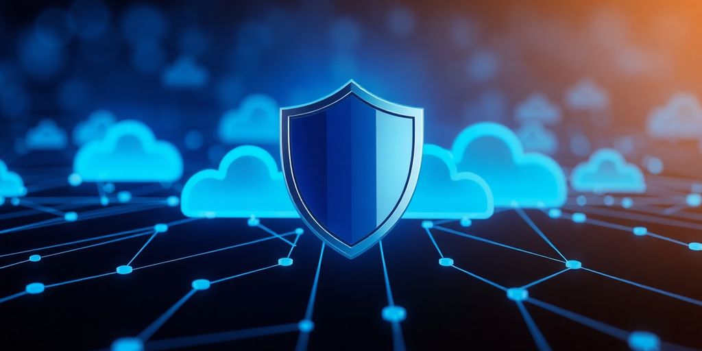 Shield icon protecting digital cloud network.