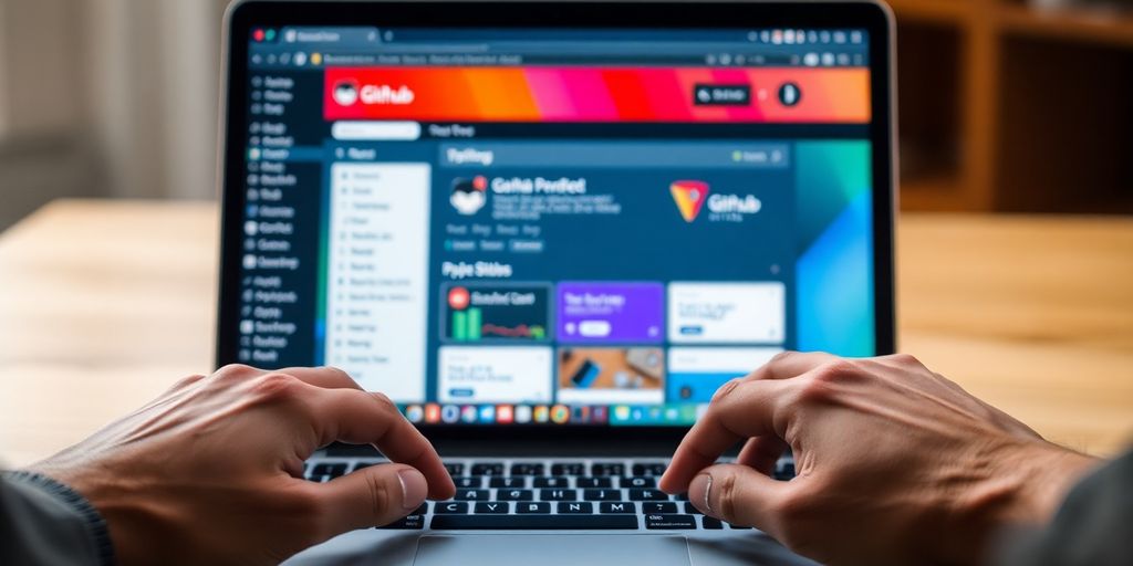 Hands typing on a laptop with GitHub open.