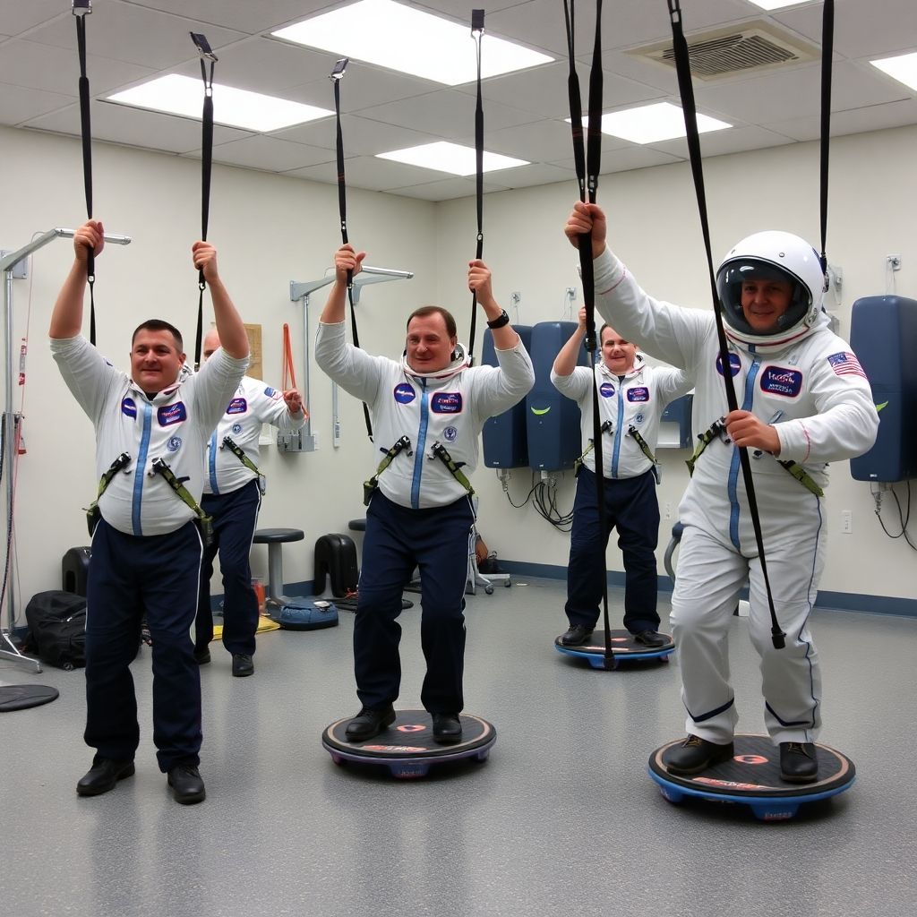 Astronauts engaged in rehabilitation exercises after space missions.