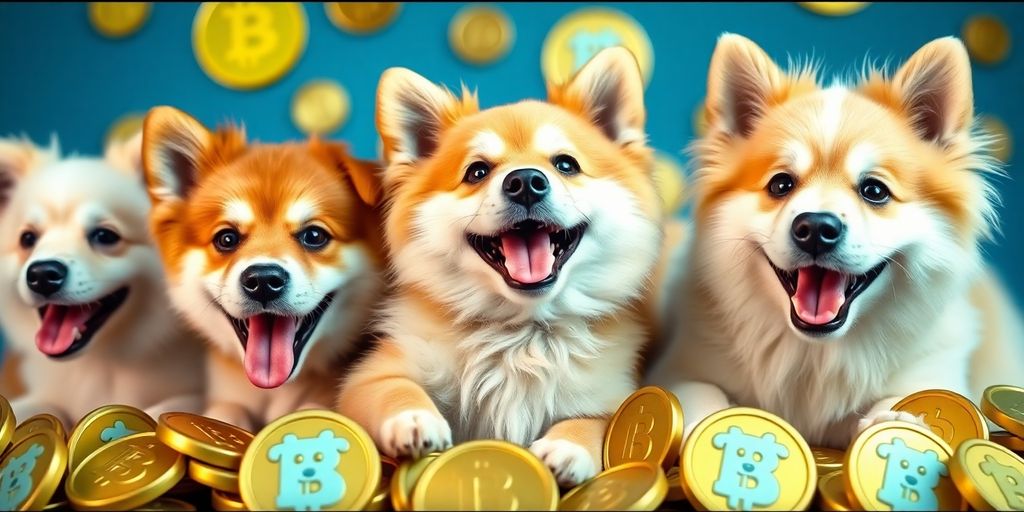 Cachorros brincando com moedas coloridas.