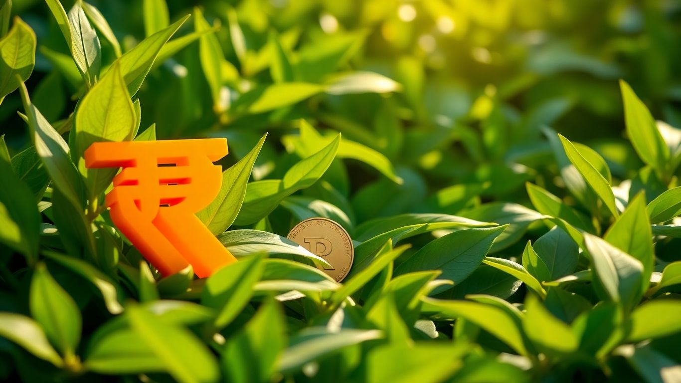 Indian rupee symbol with golden coin and green leaves.