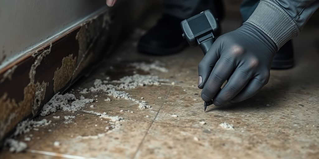 Technician inspecting mold during water damage restoration.