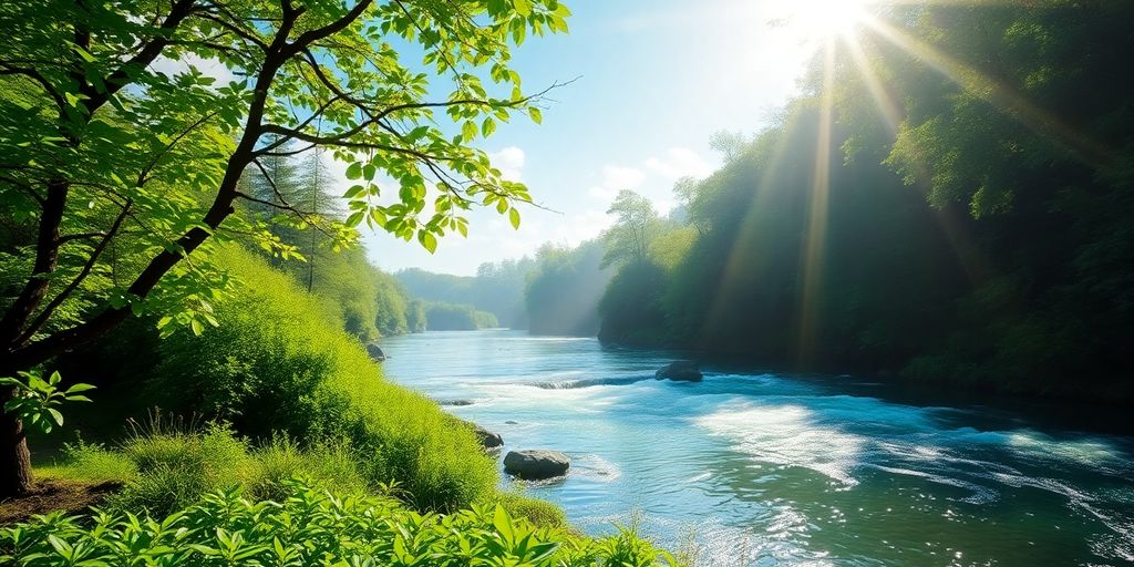 Vibrant landscape with sunlight and flowing water.